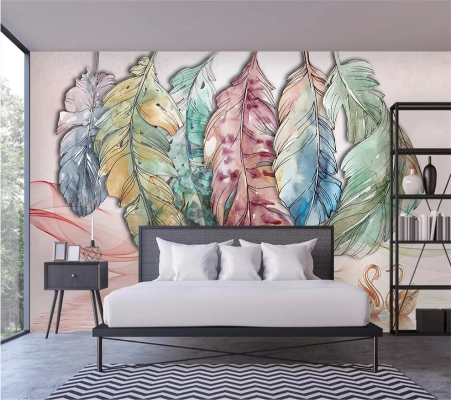 beibehang Custom wallpaper 3d Nordic minimalistic abstract watercolor feather line swan art background wall paper papier peint |