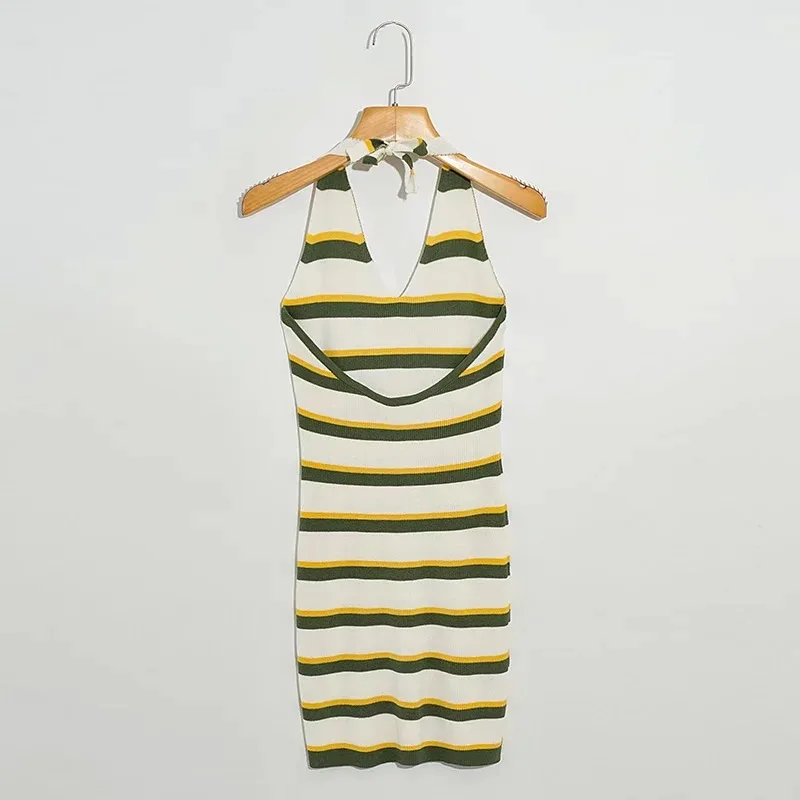 

Sexy Knitted Dress Summer 2021 Fashion Harajuku Sleeveless Halter Stripe Skinny Mini Party Dresses For Women Robe Femme Vestidos