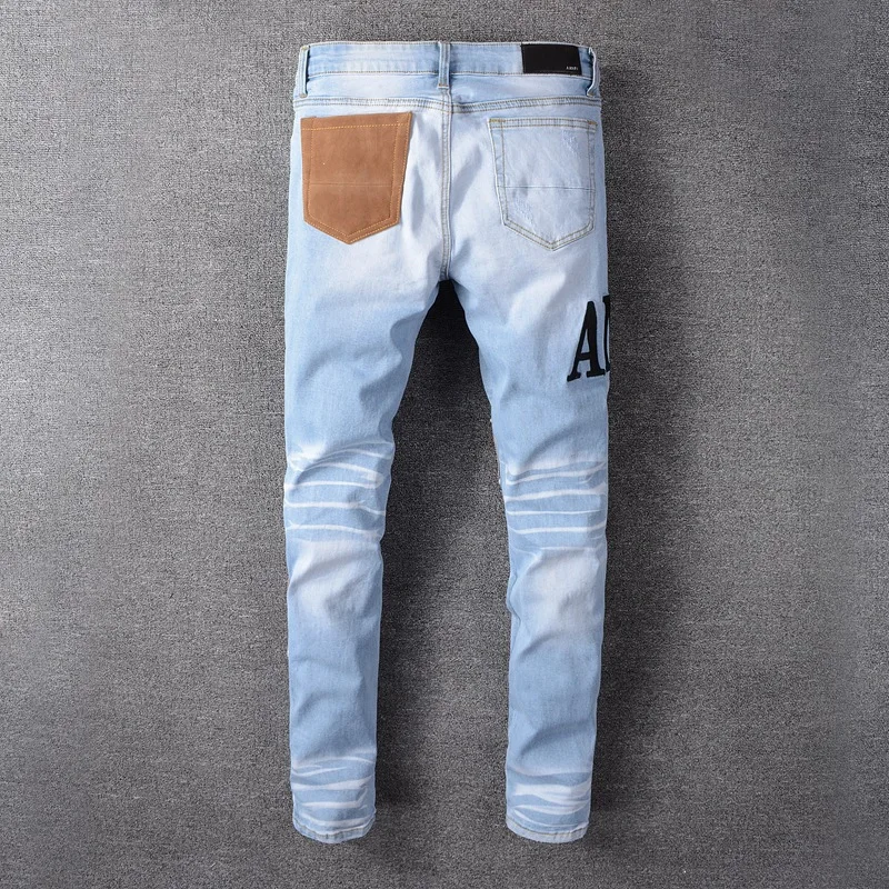 Trendy New Men's Light Blue Embroidered Patch Jeans Casual Slim Fashion Patch Stretch Stitching Jeans Oversized Denim Trousers