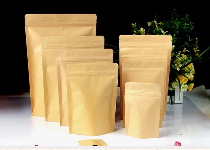 

50pcs Wholesale Brown Stand-up Kraft Paper Zip Lock Bag Snack Nuts Powder Packaging Pouch Retail Paper Bag