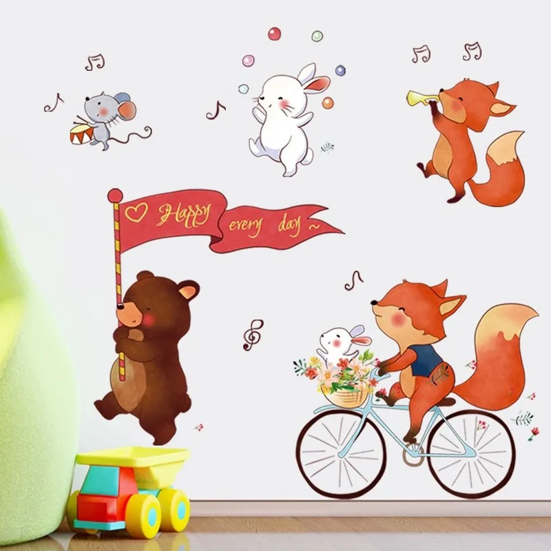 

Cartoon Bear Wall Sticker Fox Bicycle Kids Rooms Decoration Cute Animals DIY Art Decal Kindergarten Wallpapers