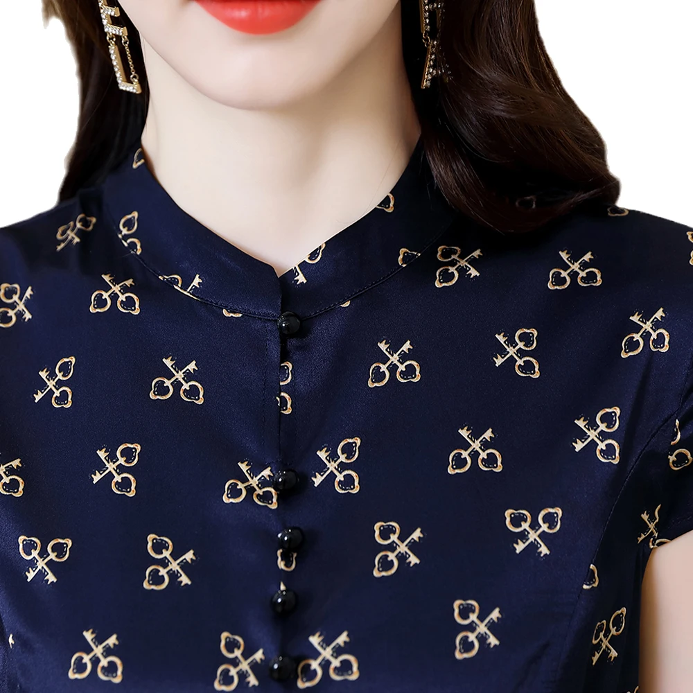 

Blue Silk Floral Midi Dress Female Short Sleeve Elegant Printed Long Dresses for Women 2021 Summer New Design