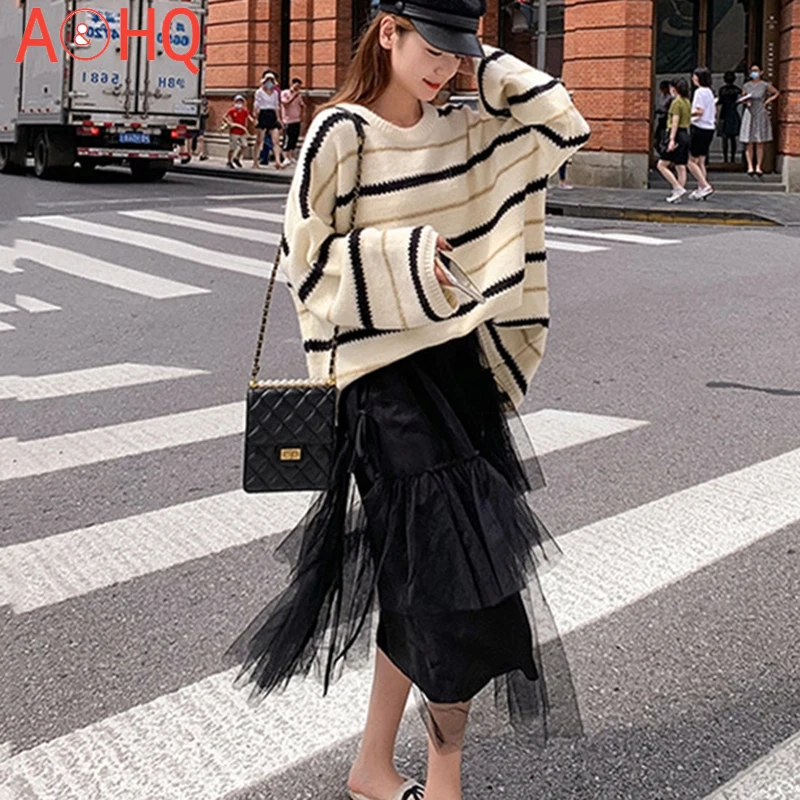 

Striped sweater women's pullovers wear round neck loose autumn large size mid-length knitted sweater top