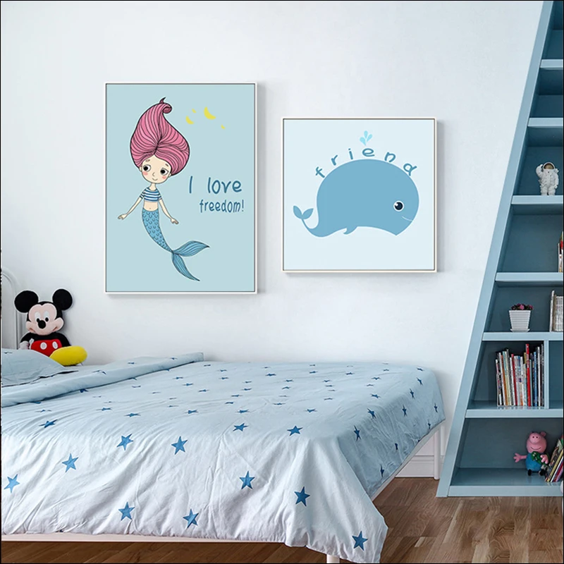 

Nordic canvas painting for home decoration wall art Mermaid Girl animal watercolor Abstract boy bedroom poster dolphin picture