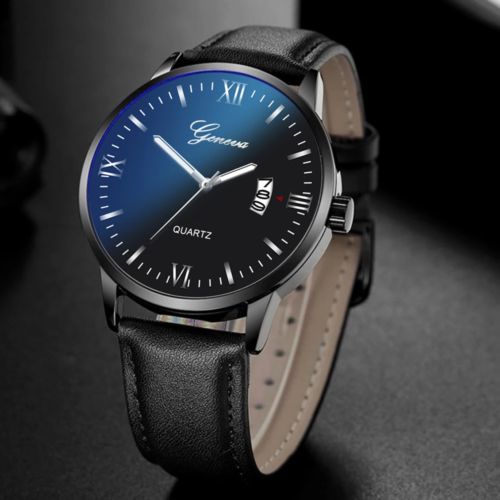 GENEVA мужские часы тонкий кожаный ремешок спортивные с календарем модные Топ бренд