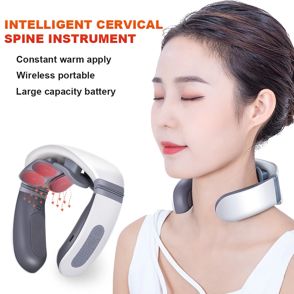 

5 Modes Magnetic Stones Neck Massager TENS Pulse Hot Compress Pain Relief Health Care Relaxing Deep Tissue With 6 Heads Massage