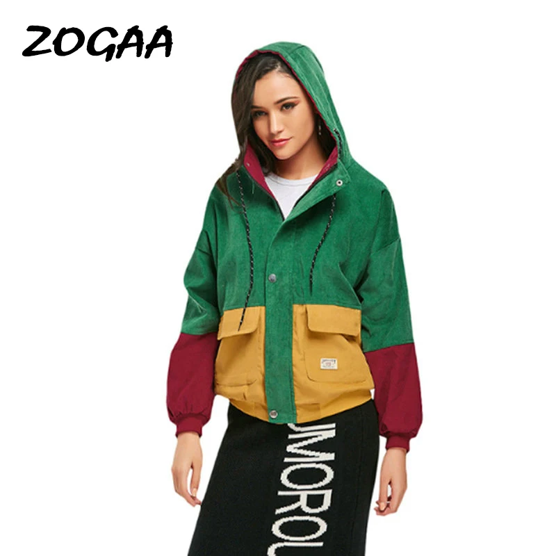 Женская Вельветовая куртка ZOGAA Лоскутная ветровка на молнии с длинным рукавом