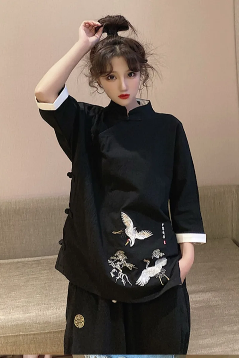 

Hanfu women's improved cheongsam tops Tang suit Chinese style retro Chinese suit summer tea clothing elements