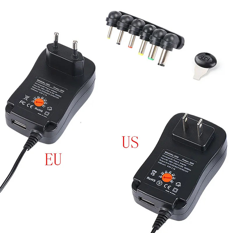 

Universal 30W US/EU Power Adapter DC 3V 4.5V 5V 6V 7.5V 9V 12V DC Charger Converter+5V 1.2A USB Port With 6 Pcs jack