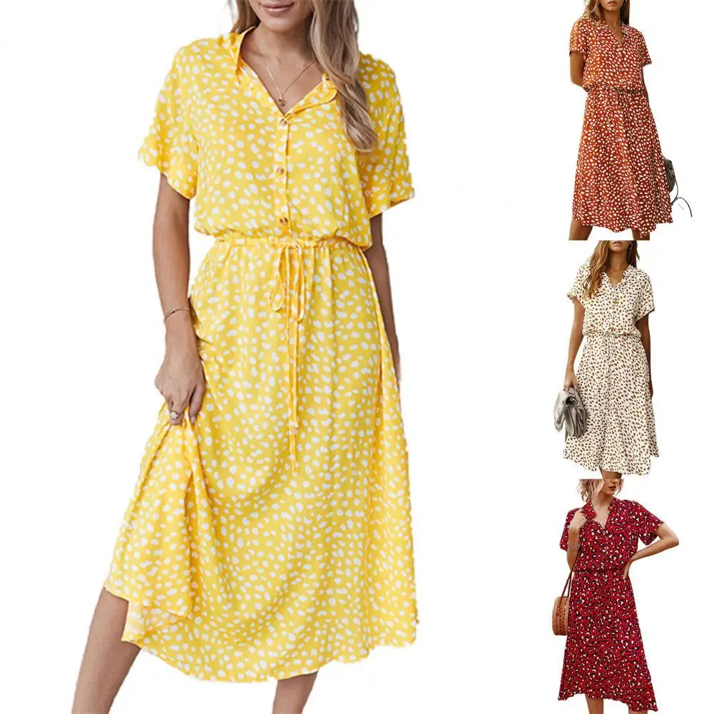 

Женское платье с коротким рукавом и принтом, 4 цвета, женское платье с воротником-стойкой для пляжа