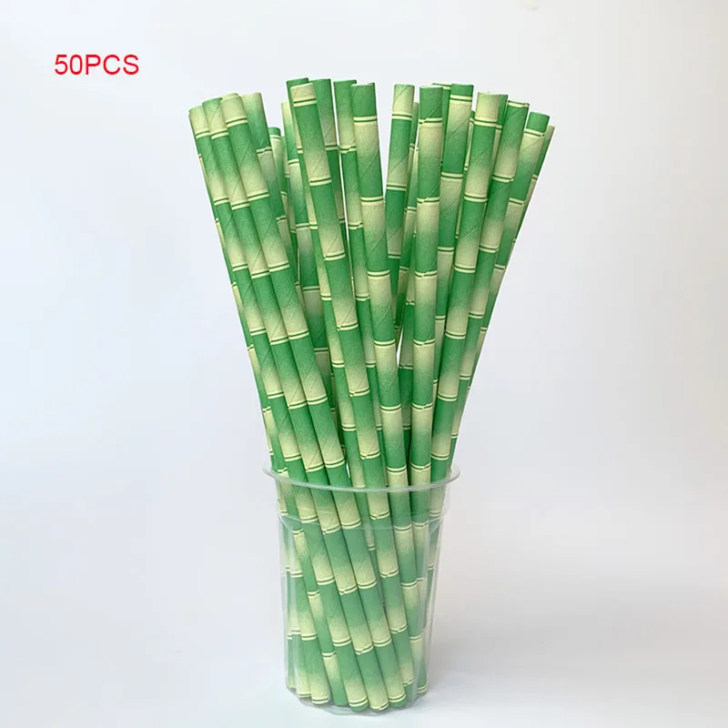 

50 Pcs Green Brown Bamboo Pattern Paper Straws Juice Cocktail Drinking Straw for Wedding Birthday Bar Pub Jungle Party Supplies