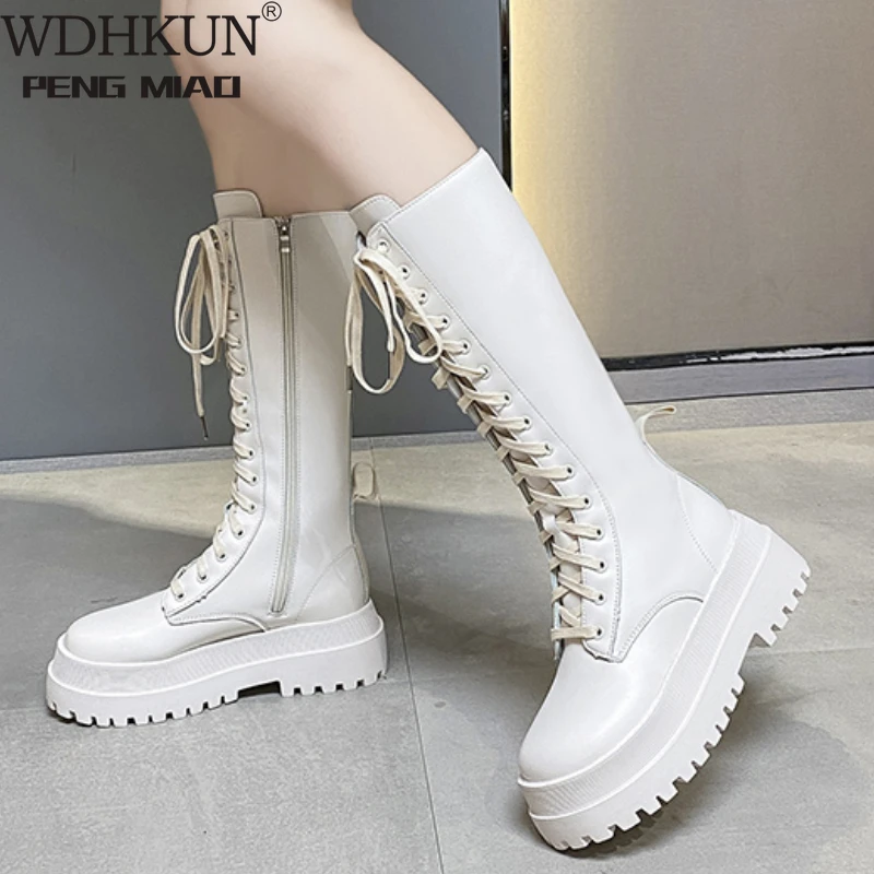 

2021 New Thicken Winter Knight Boots Women Knee High Long Square Heel Boots Retro Thick Motorcycle Boots Black White Botas Mujer