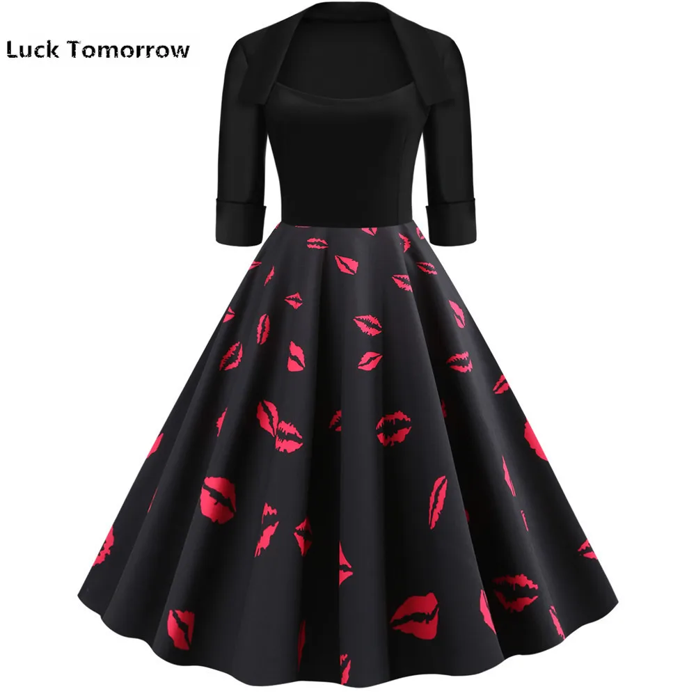 Черное осенне зимнее женское платье с коротким рукавом винтажное вечернее