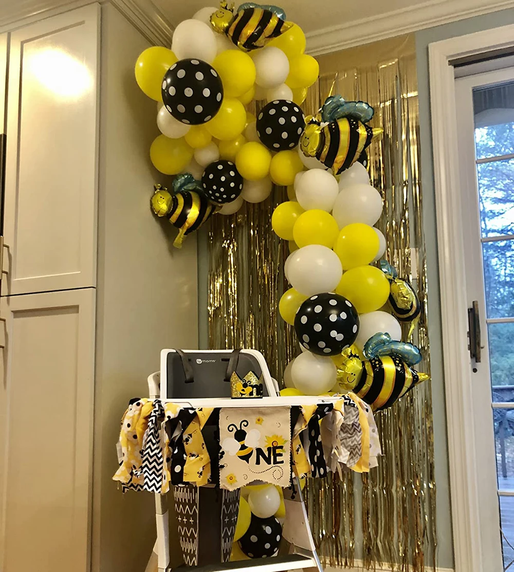 Kit de arco de guirnalda de globos de abeja, 123 unids/lote de lunares amarillos, blancos y negros, para Celebraci&oacute;n de beb&eacute;, reconocimiento de g&eacute;nero, cumplea&ntilde;os, fiesta del D&iacute;a de las abejas-4