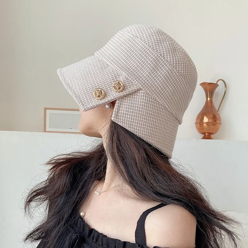 

Retro small button fashion sunshade Bucket Hat children's Korean spring sunscreen basin hat versatile straight fisherman's hat