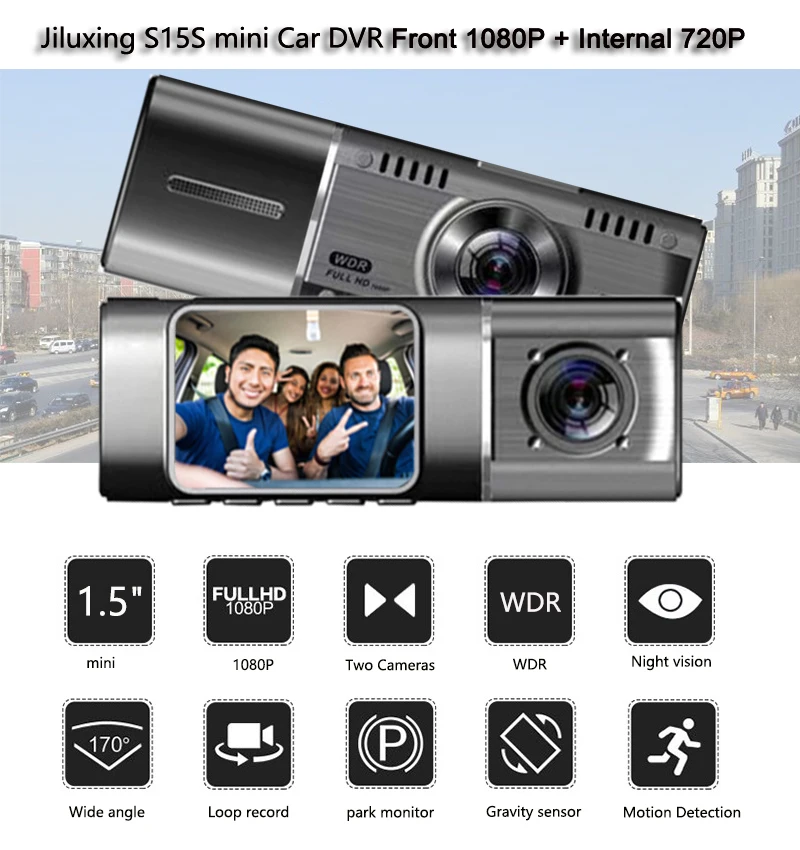 Jiluxing 1," Мини Автомобильный видеорегистратор фронтальная 1080P+ внутренняя 720P видеорегистратор для транспорта, с двумя объективами видеорегистратор ночного видения парковочный монитор