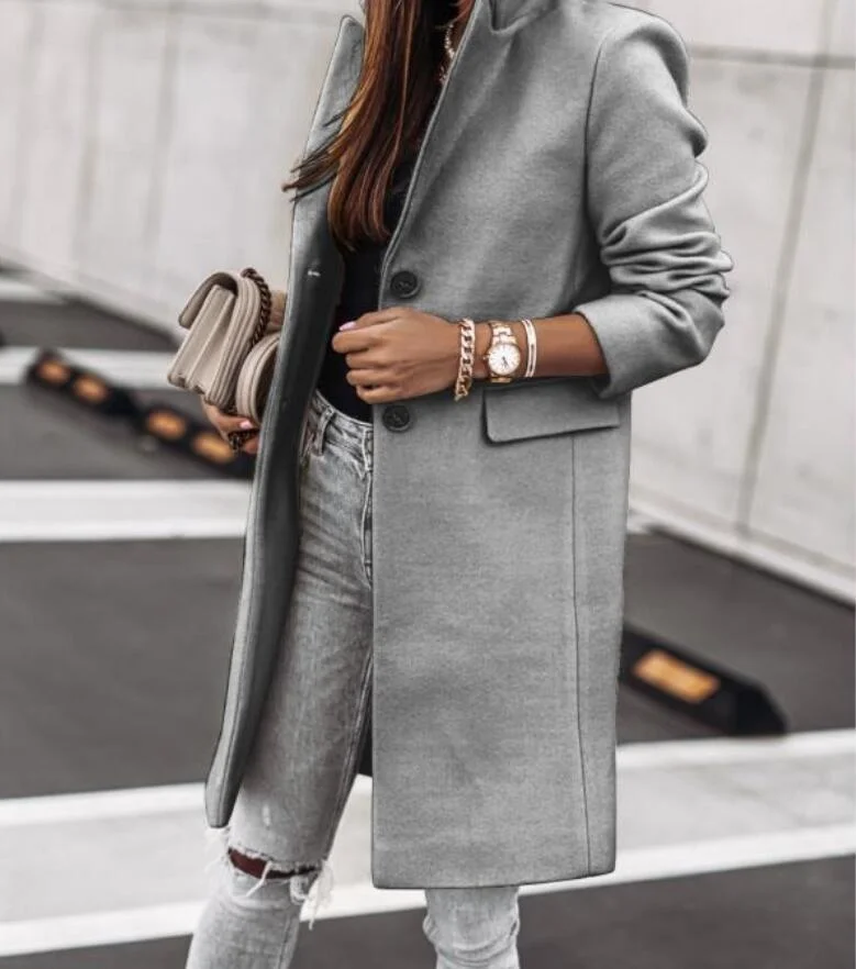 

Women's Autumn And Winter Fashion Long Sleeve Button Wool Coat Women Turn-down Collar Elegant Jackets Coat