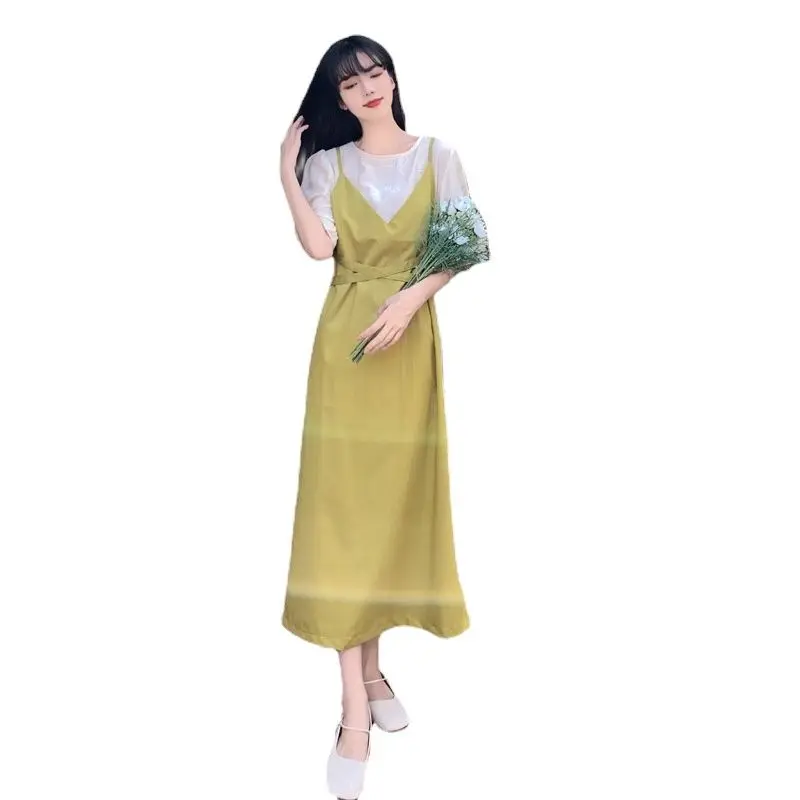 

Stitching fake two piece dress women's summer new skirt design feeling cross bandage waist shows slim mid long skirt fashion