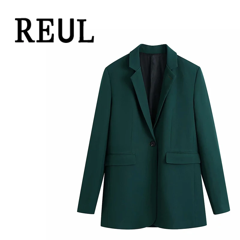 

REUL Za 2021 Women Fashion Office Wear Blazer Coat Vintage Single Button Long Sleeve Pockets Female Set Outerwear Chic Veste