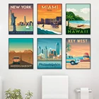 Винтажный постер в скандинавском стиле для путешествий и городов, Нью-Йорк, Гавайский пляж Майами, памятник, пейзаж, живопись на холсте, настенные картины, домашний декор