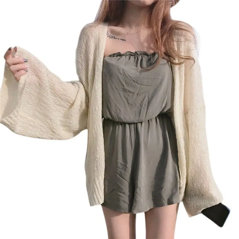 

Свободный Летний кардиган в стиле Харадзюку, вязаная Солнцезащитная женская рубашка, рубашка с открытым стежком, облегающая верхняя одежда...