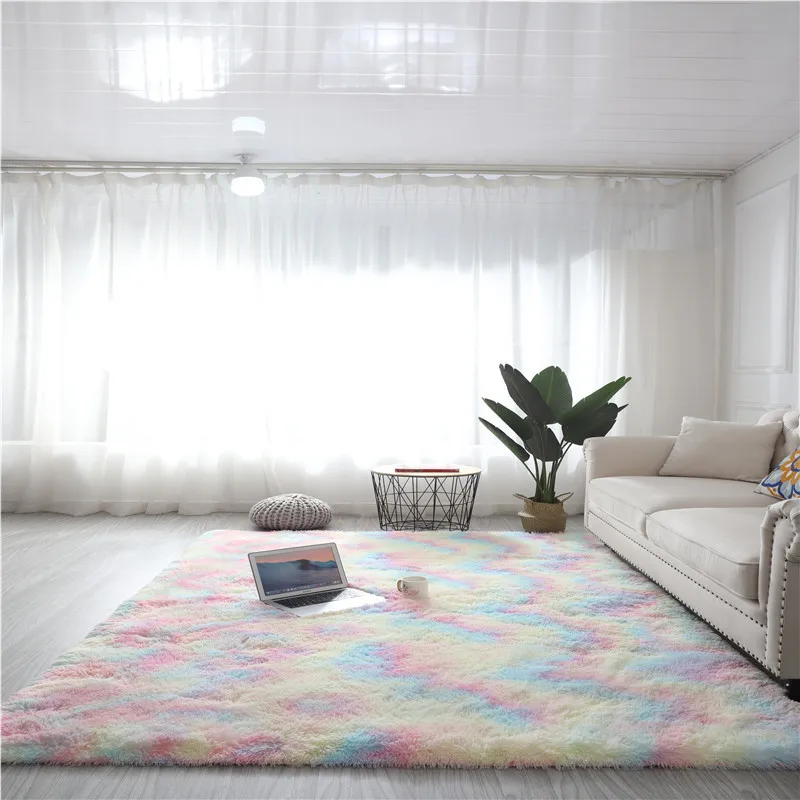 Tie-dye Living Room Carpet Long Pile Silk Wool Comfortable Memory Anti-skid Bedroom Children's Floor Mat |