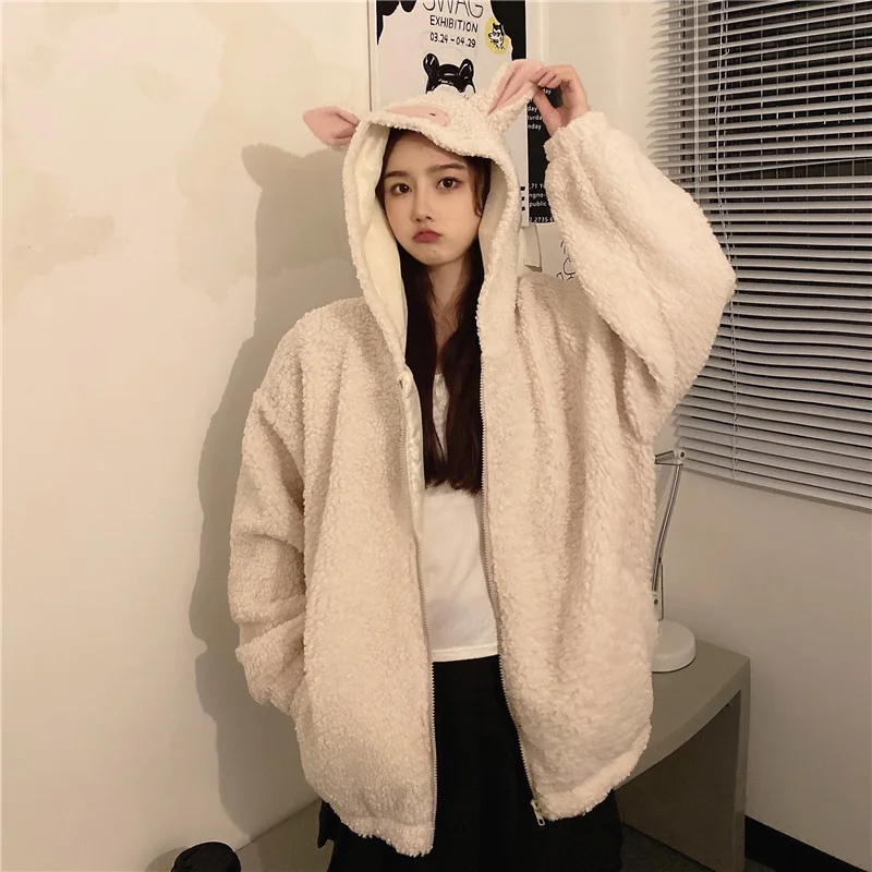 

2021 new lazy style lamb hair pig ear Sweatshirts women spring and autumn plus velvet loose Korean version of ins thick clothes