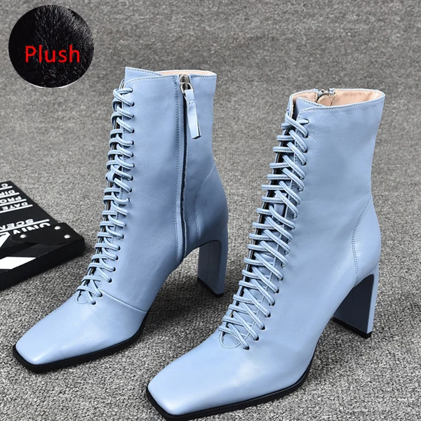 Sky blue Plush Женские кожаные ботинки; модная обувь на высоком каблуке; зимние женские Ботинки martin на шнуровке; ботильоны с квадратным носком; женская обувь на каблуке - Цвет: Sky blue Plush