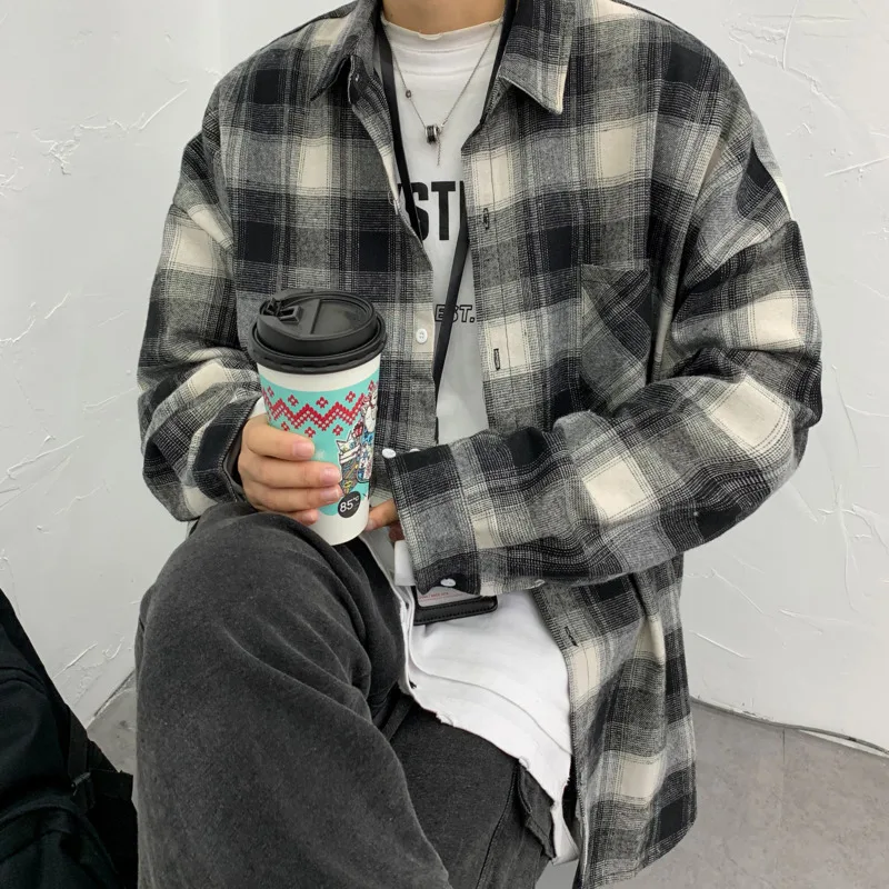 Рубашка мужская повседневная в клетку модная Свободная блузка ретро стиле с