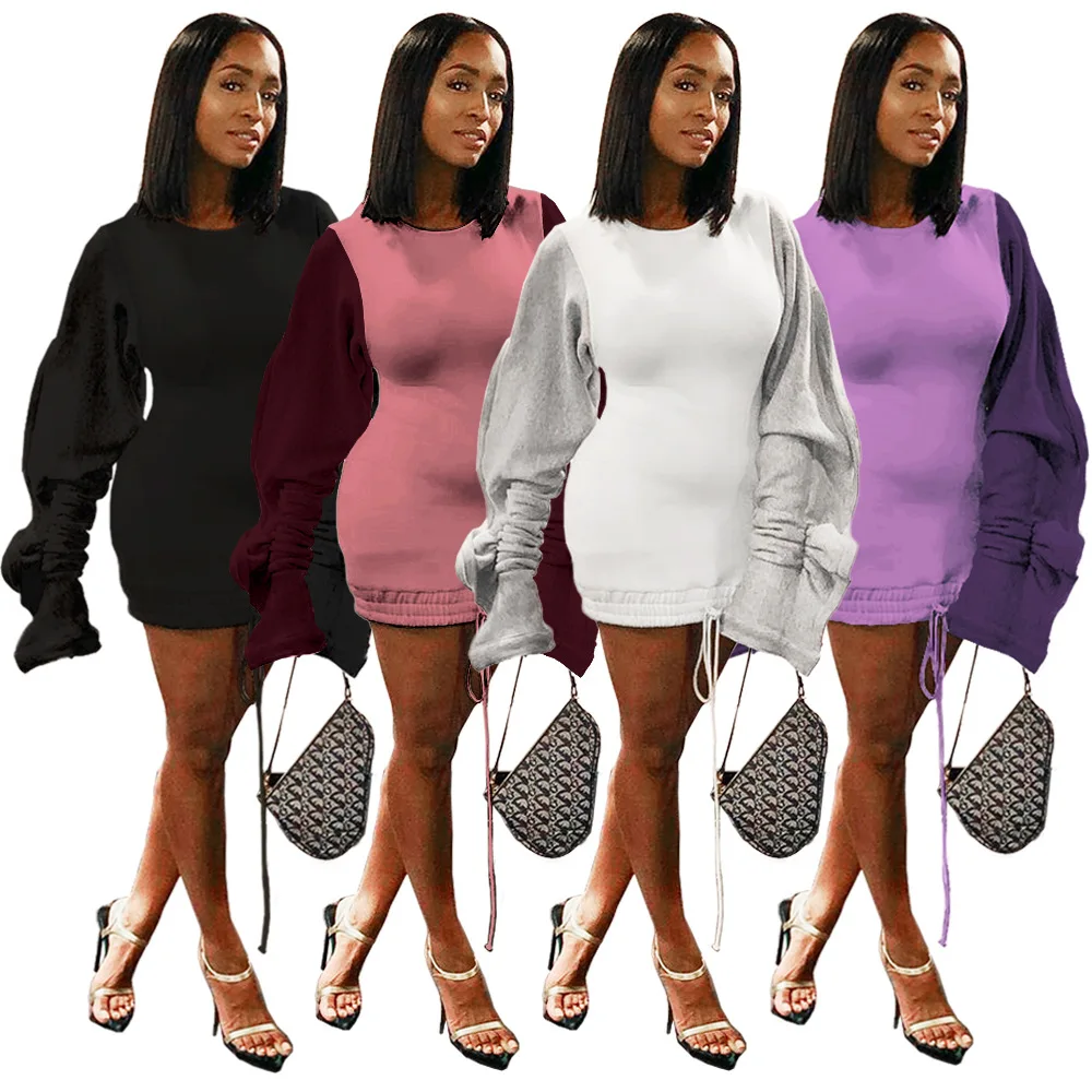 

Gl6200 European And American Women's Explosion Plus Velvet Porous mu er xiu Contrasting Color Panel Drawstring Sexy Dress