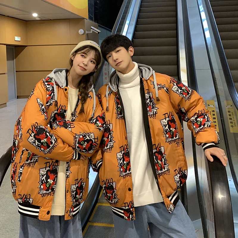 2021 men winter Parka reversible Anime Printed cotton coat japanese fashion streetwear oversized hippie Jacket couple clothes