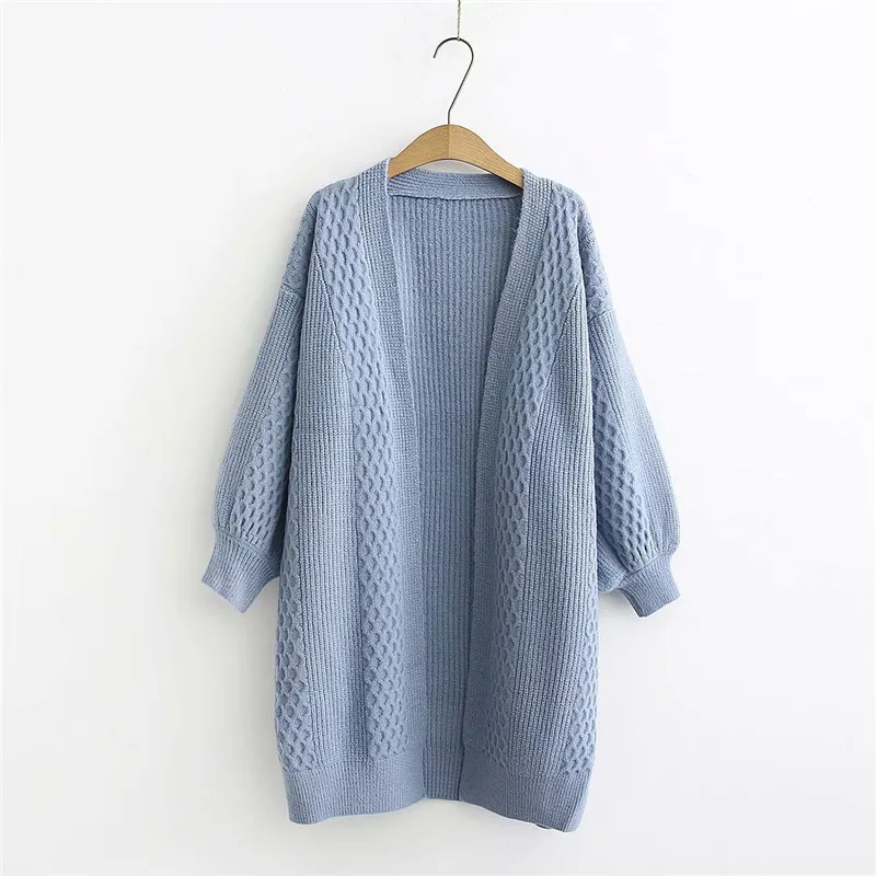 

2021 Women Long Sweater and Cardigans Lantern Sleeve Loose Knitte Coat Open Stitch Winter Cashmere Cardigans Female Coat