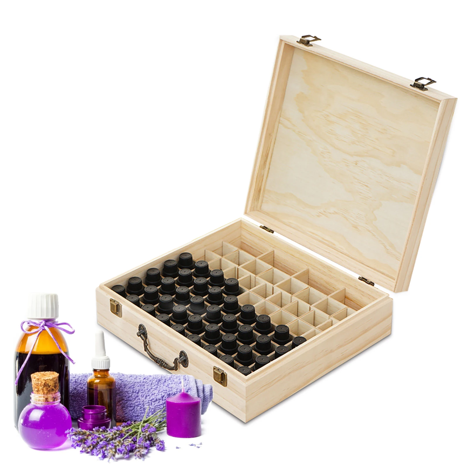 

66 Grids Essential Oil Wooden Carrying Case Treasure Jewelry Wooden Large Storage Box Organizer With Handle