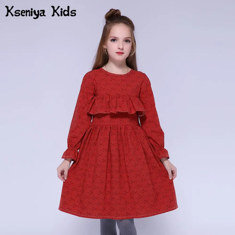 Kseniya Kids/Детские платья для девочек; хлопковые праздничные платья с рукавами-лепестками и цветочным узором для девочек в стиле Лолиты; весенне-осеннее платье для девочек - Цвет: Красный