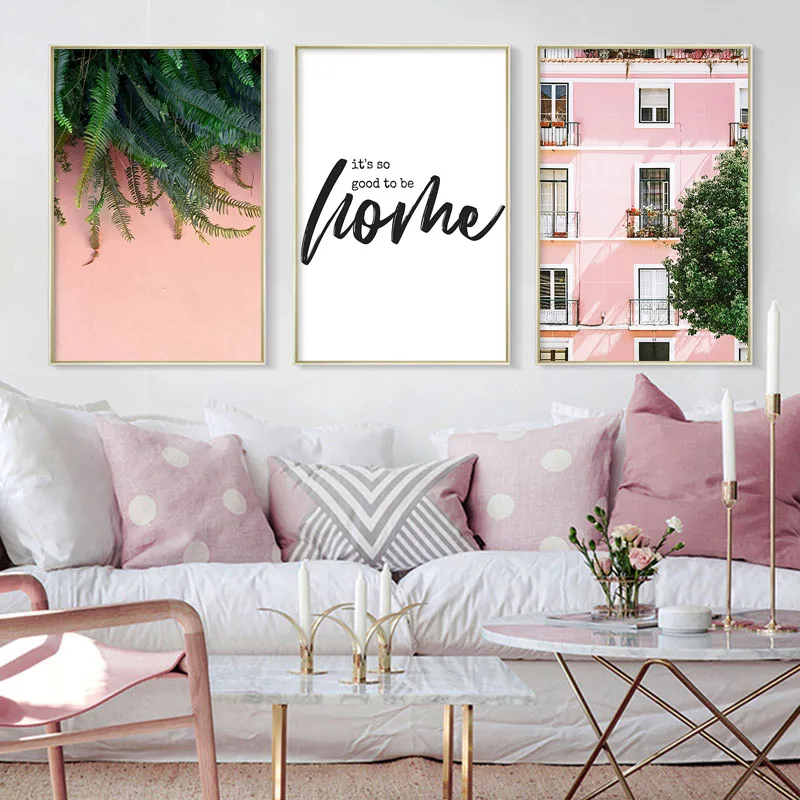 Городской пейзаж холст постер Скандинавское украшение автобус розовое здание