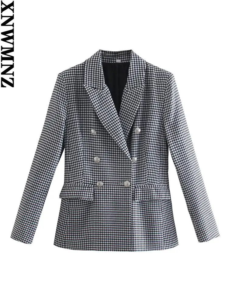 

XNWMNZ women tweed jacket fashion double breasted houndstooth blazer coat vintage long sleeve female outerwear chic veste 2022