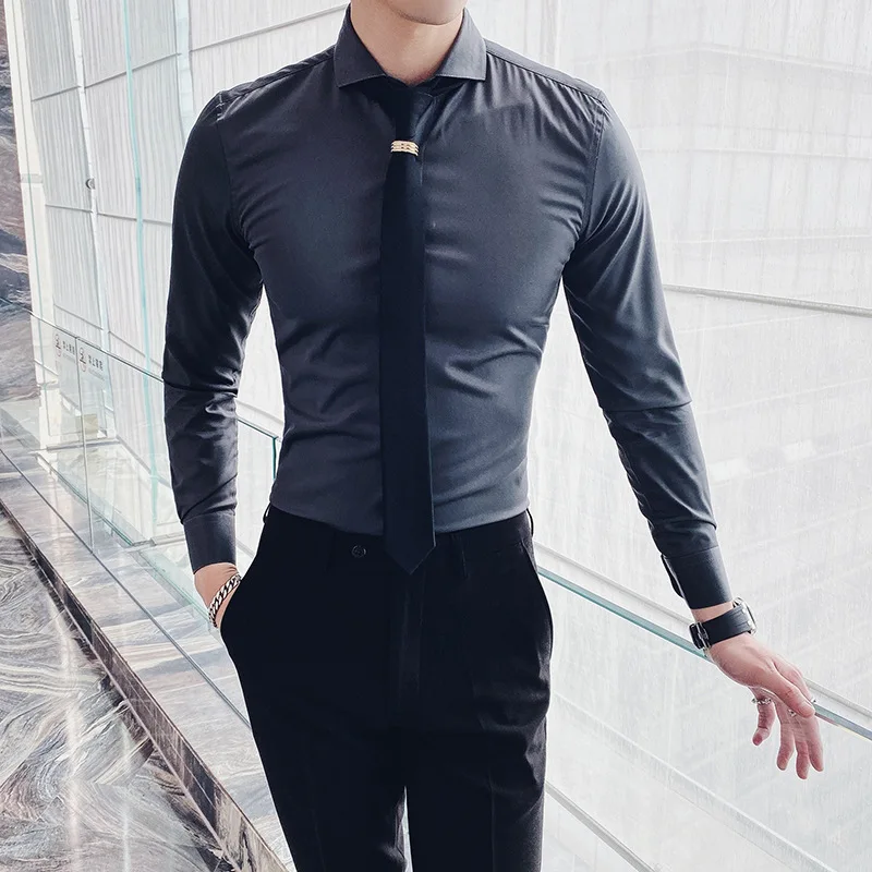 

Мужская Однотонная рубашка с длинным рукавом, приталенная Повседневная рубашка в английском стиле с отложным воротником, весна-лето 2021