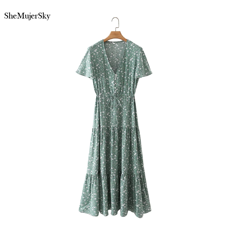 

SheMujerSky Summer Short Sleeve V-neck Green Dress vestido de mujer Buttons Spliced A-line Dresses 2021 robes