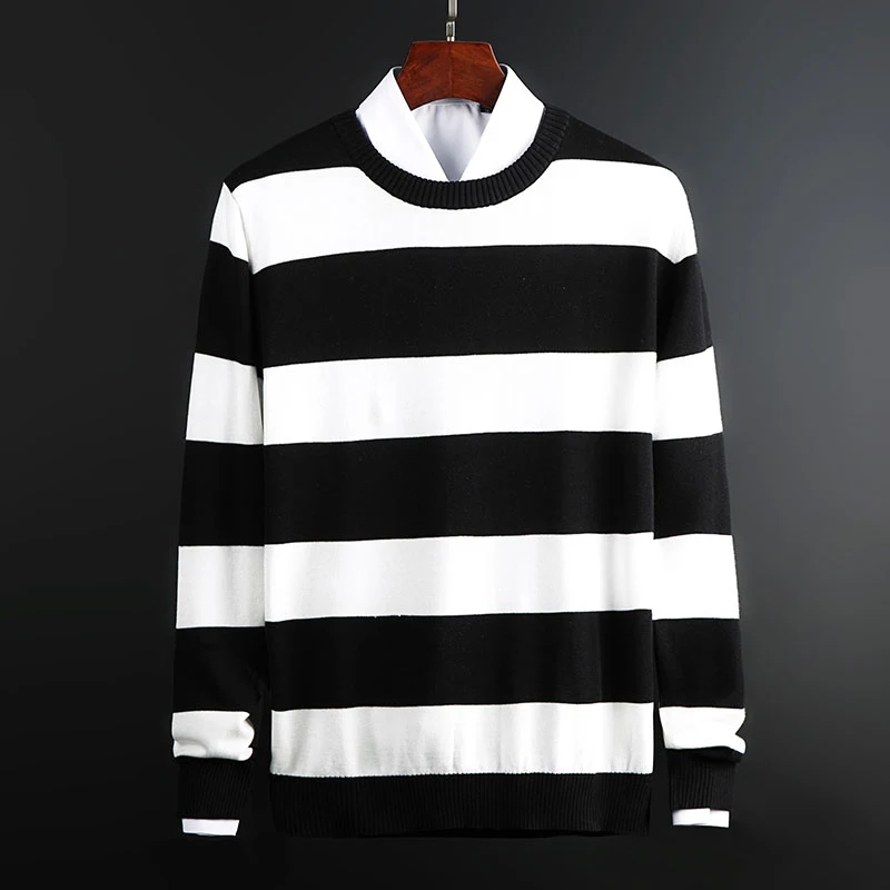 New Fashion Brand Sweater For Mens Pullovers Striped cSlim Fit Jumpers Knit Warm Autumn Korean Style Casual Men Clothes - Цвет: Черный