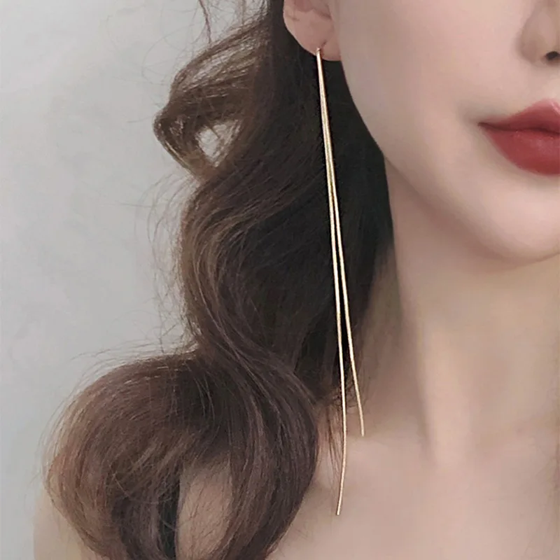 

Personalized Simple Super Long TASSEL EAR Line Korean Metal Chain Earrings