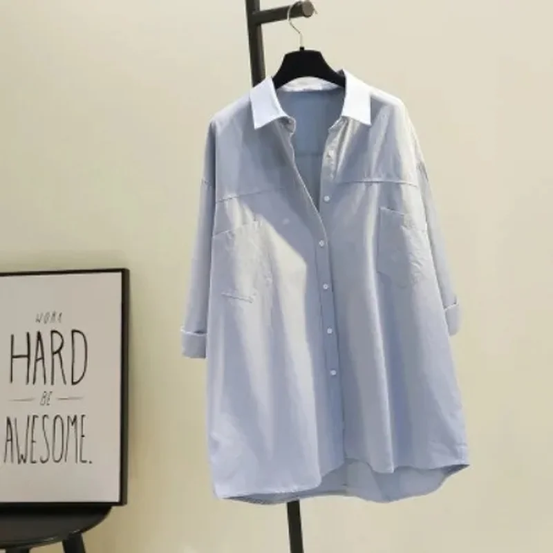 

Stylish Spring Button Up Top Solid Color Cotton Shirt Women Blouses Lady Long Sleeves Korean Loose White Shirt Matcha Green Top