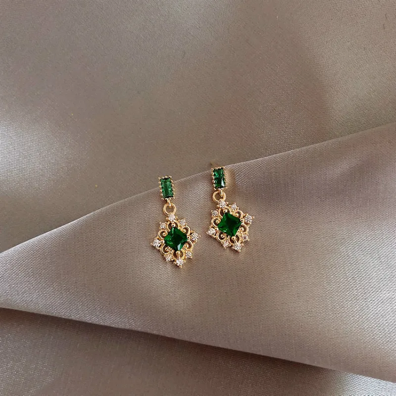 

Neoclassical Fashion Geometric Compact Zircon Green Crystal Earrings Luxury Designer Elegance Feminine Jewelry