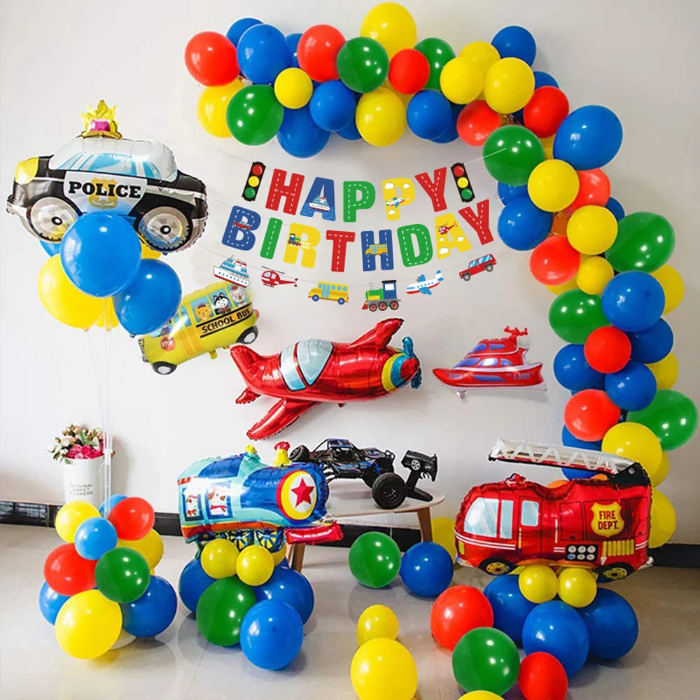

Boys Birthday Decoration Car Transport Happy Birthday Banner Yacht School Bus Fire Truck Plane Kids Party Transport Vehicles