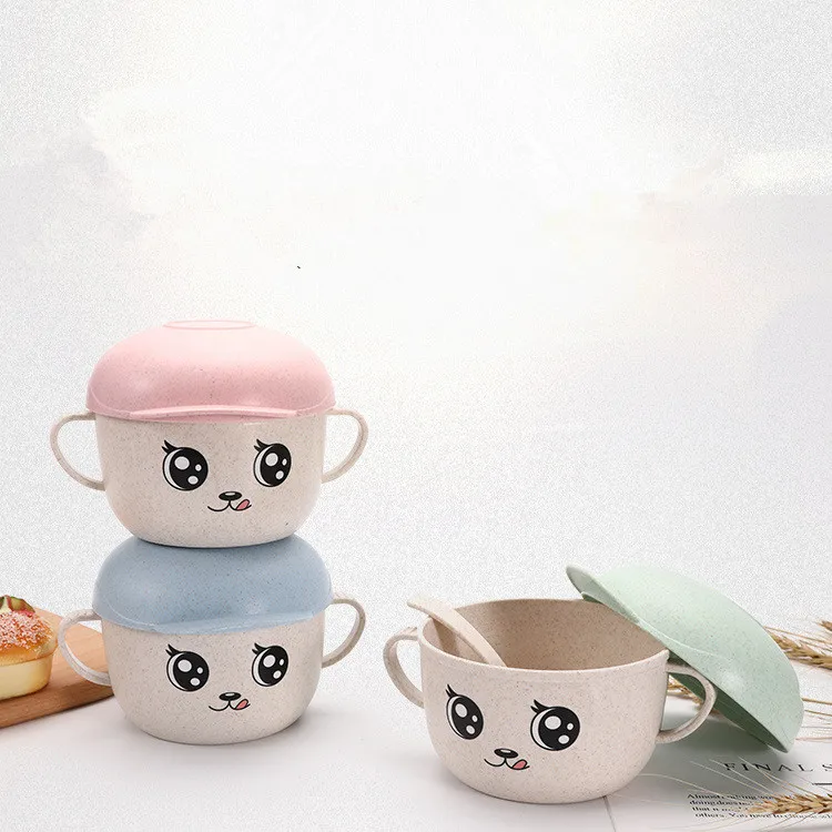 2Pcs/Set Baby Feeding Food Tableware Wheat Cartoon Kids Dishes Children Eating Dinnerware Set Anti-hot Plate Training Bowl+spoon | Мать и
