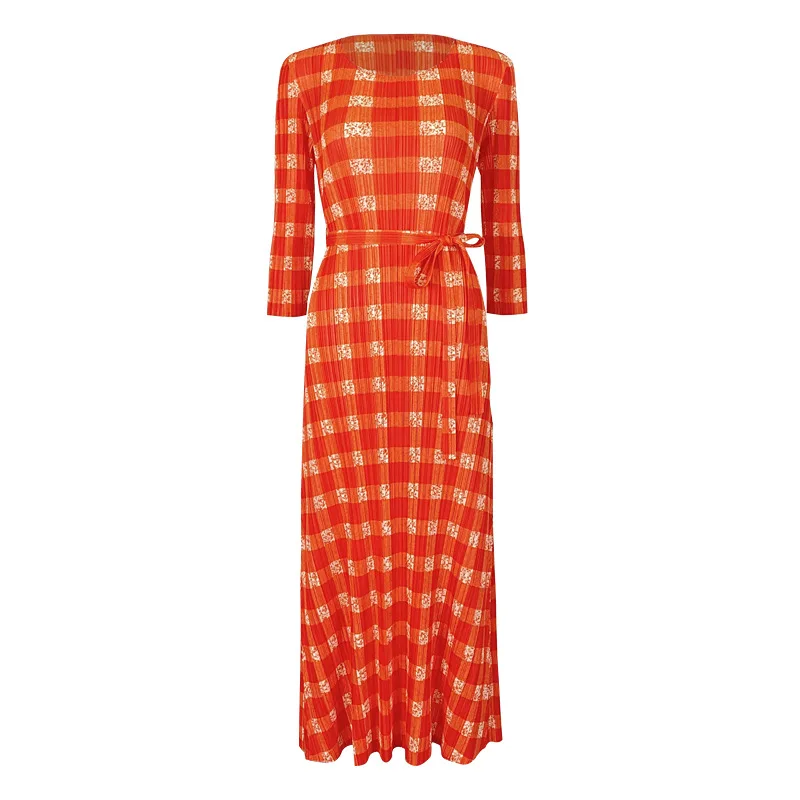 

New women's Plaid print lace up color matching large swing Pleated Dress