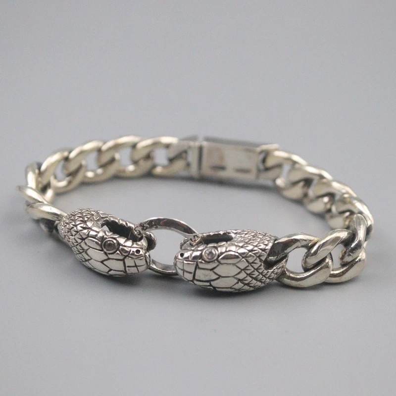 

Pure 925 Sterling Silver Bangle 12.5mm Double Snake Head Curb Link Chain Bracelet Men Lucky Gift 59g / 20cm