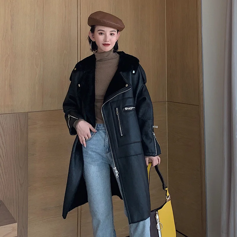 

SHZQ Women's Winter Jacket Fur Coat Leather and Fur Female Thick Warm Natural Rabbit Fur Outwear Coats Black Plus Size Loose Sty