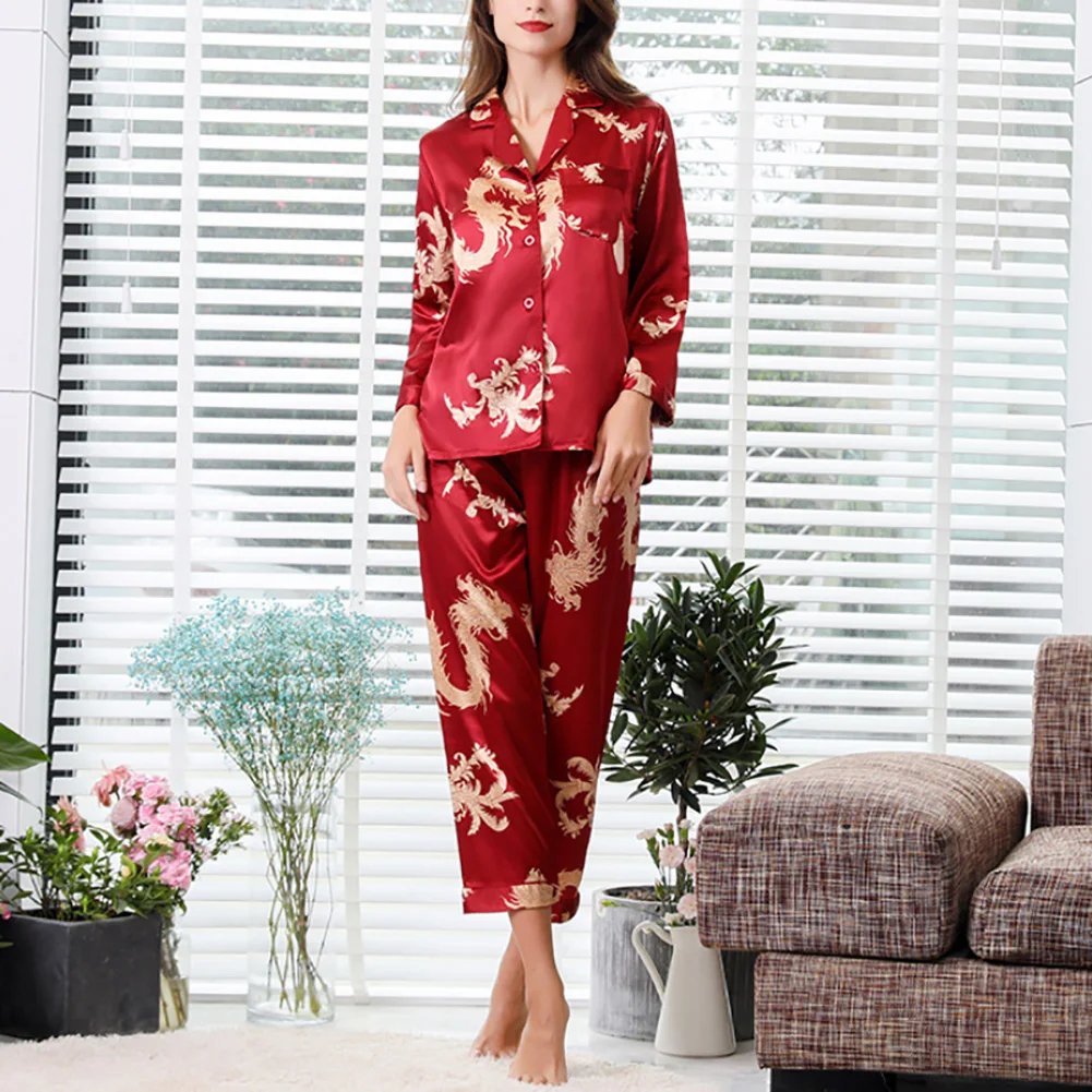 

Men Women Pajamas Set Soft Imitation Silk Dragon Print Shirt Pants Couple Sleepwear Pajama Sets Unisex Pyjamas Sleepwear