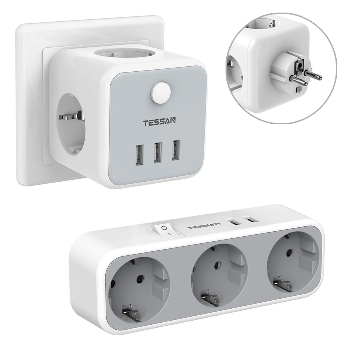 

TESSAN EU Wall Socket Power Adapter With 3 AC Outlets & 2/3 USB Ports, Multiple Sockets Power Strip with Overload Protection