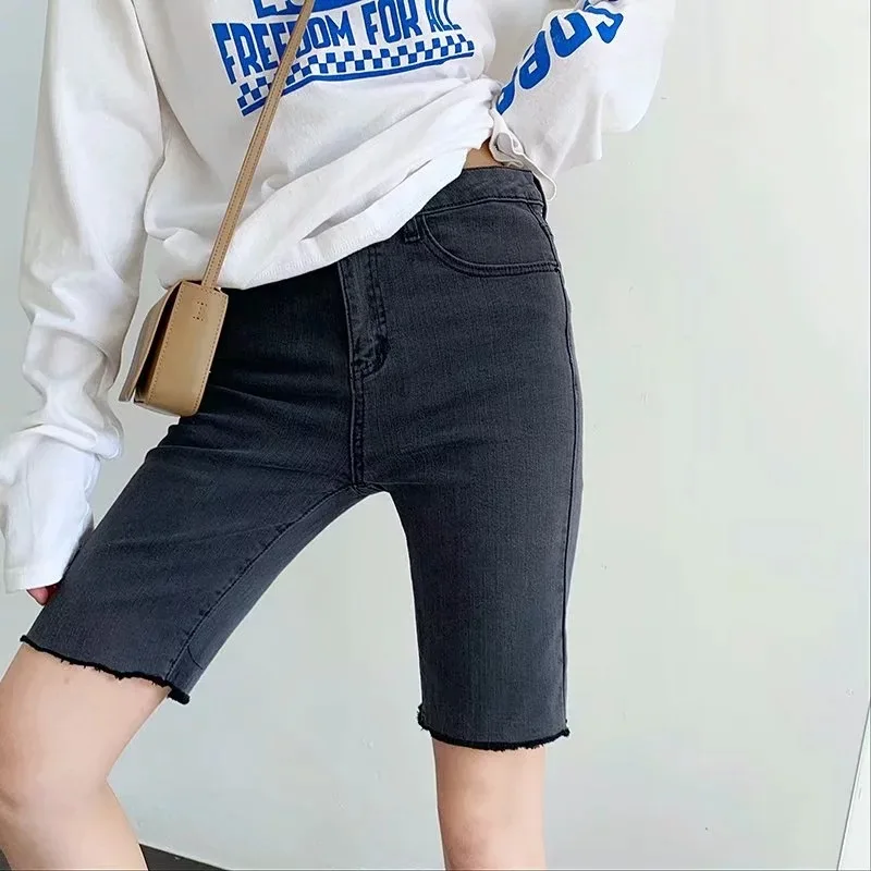 High Waist Slim Denim Shorts Women Tight Knee Length Stretch Short Jeans Pants Summer Streetwear Skinny Cycling Bermuda Pockets